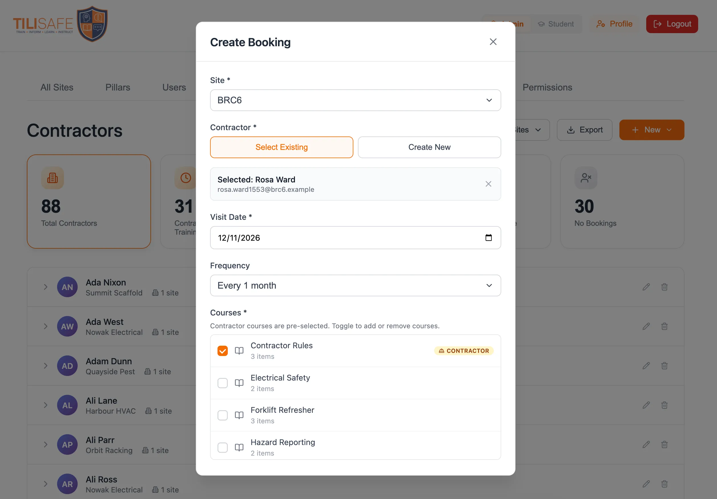 Creating a contractor booking against a site, with a visit date, a monthly repeat and the required contractor course already selected